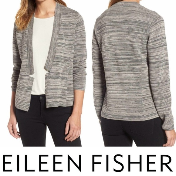 Eileen Fisher Sweaters - Eileen Fisher Notch Collar Cardigan Maple Oat Open Front Grey Classic Work